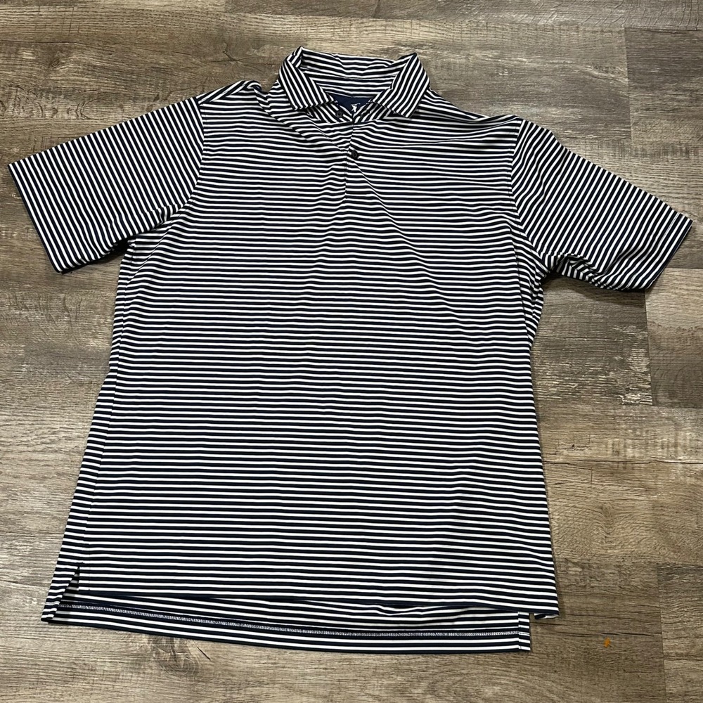 Fairway & Greene Mens Large Navy White Striped Performance Golf Polo Shirt USA